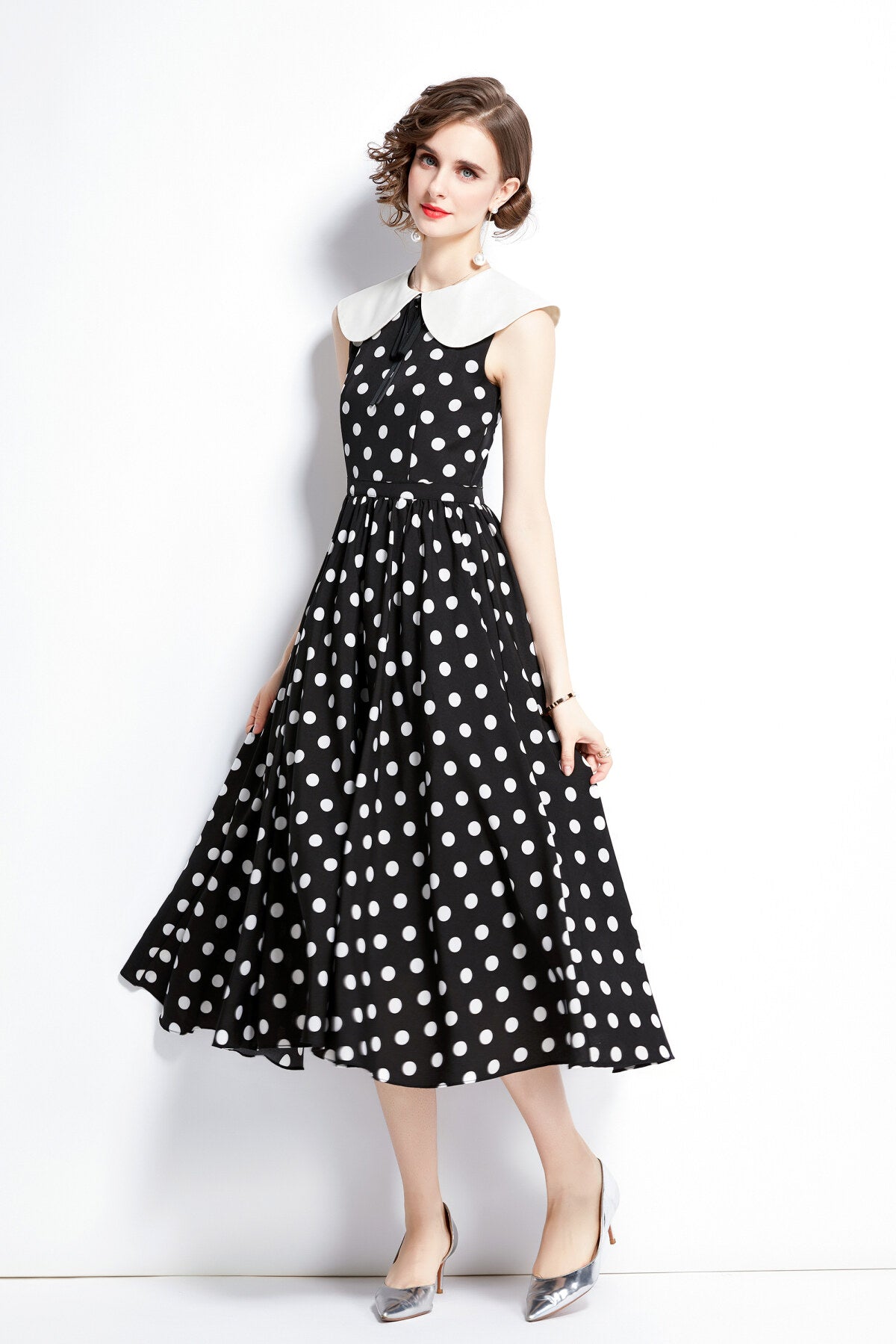 peter pan collar vintage polka dot midi dress all black 2