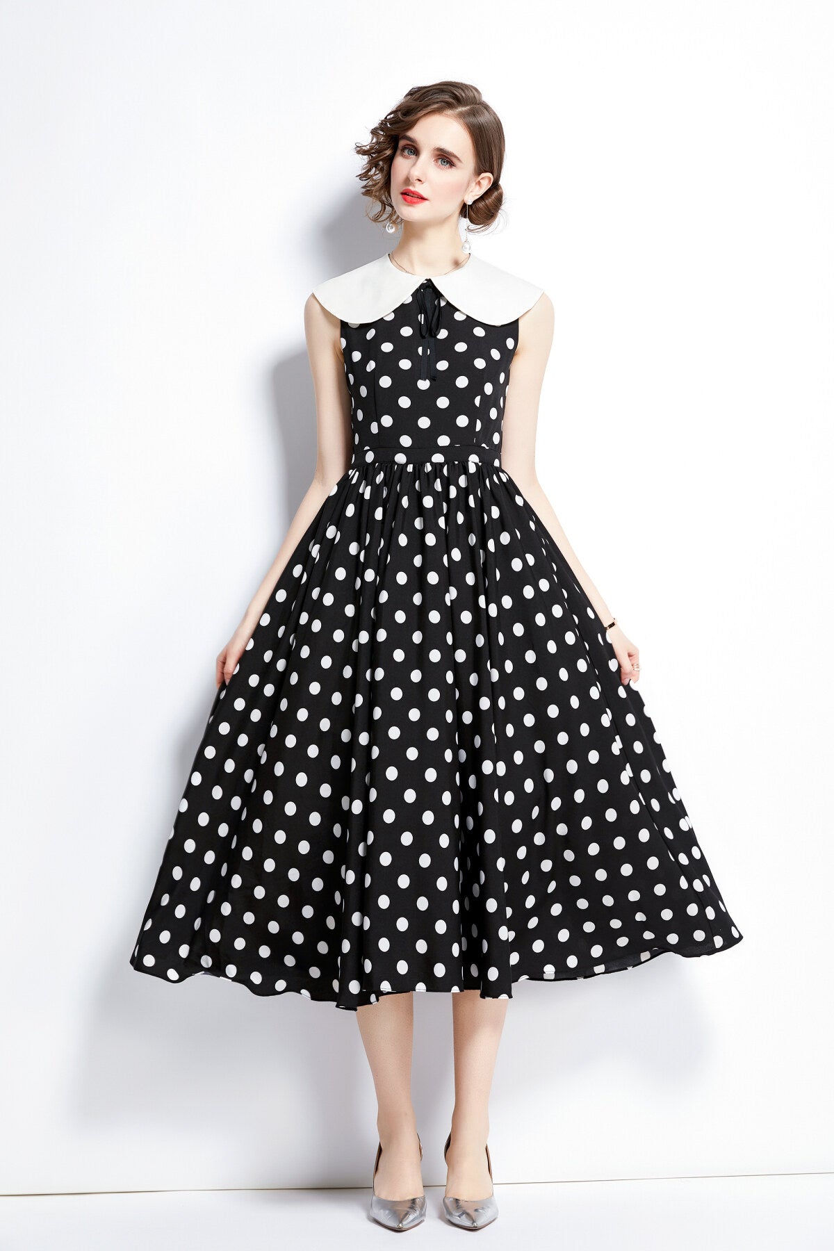 peter pan collar vintage polka dot midi dress all black 3