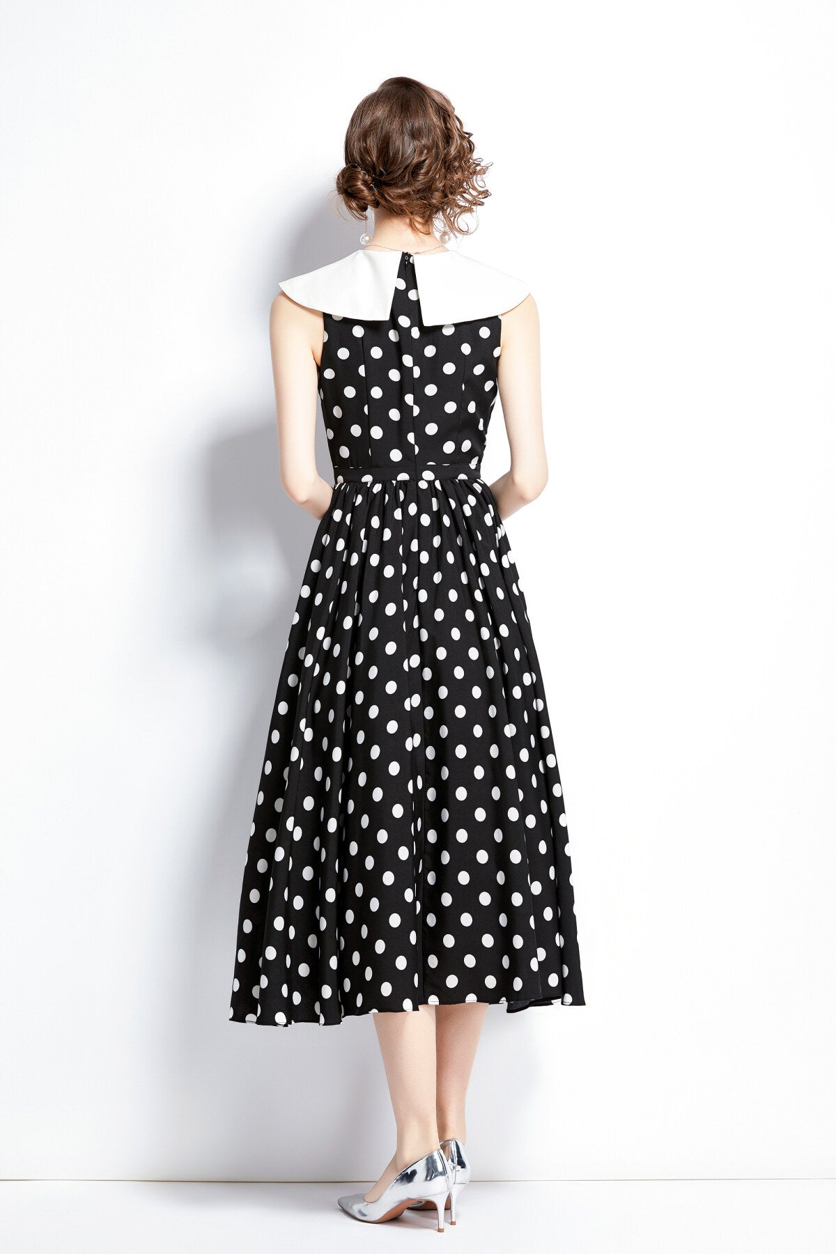 peter pan collar vintage polka dot midi dress all black 4
