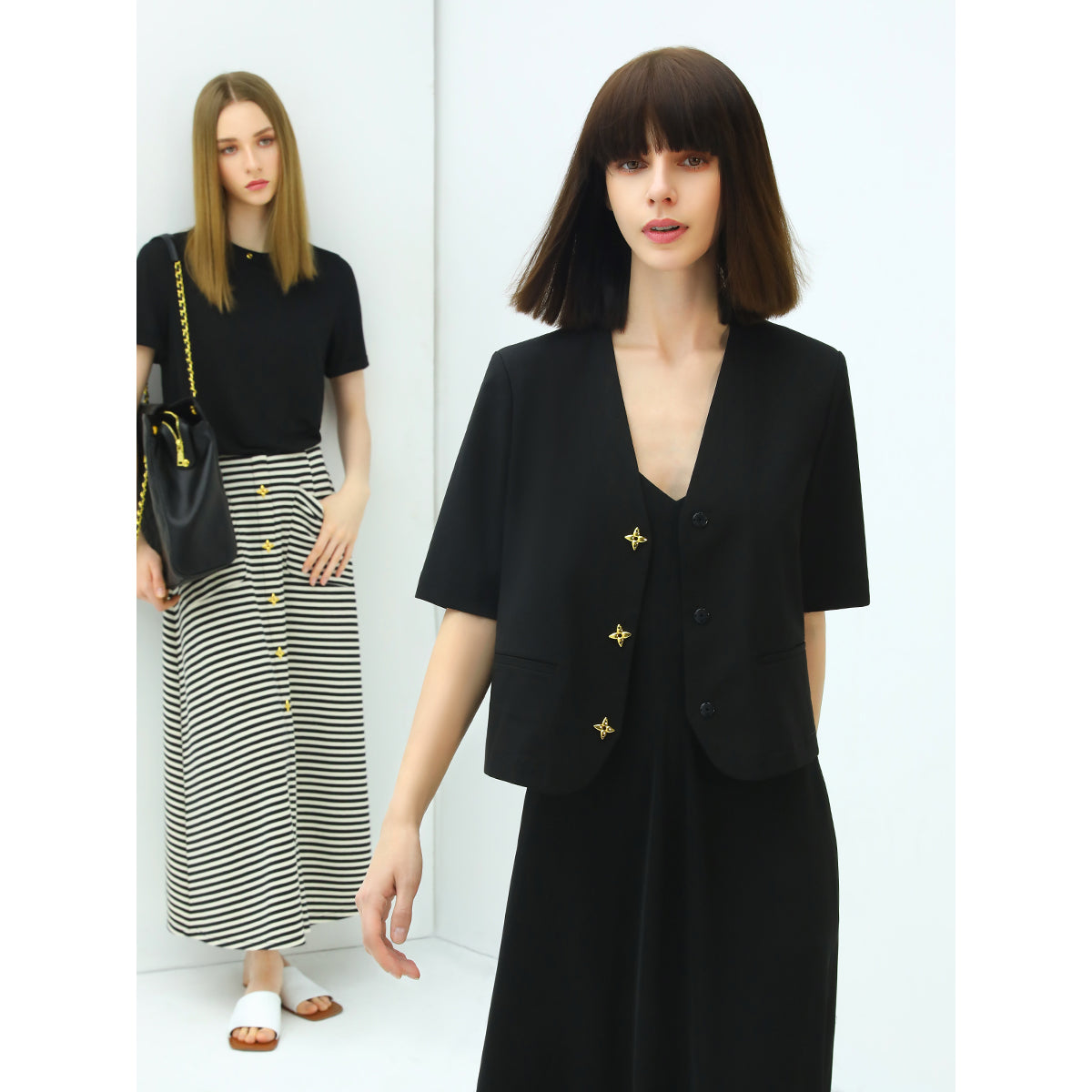 petite cropped black blazer with gold button embellishments all black 1