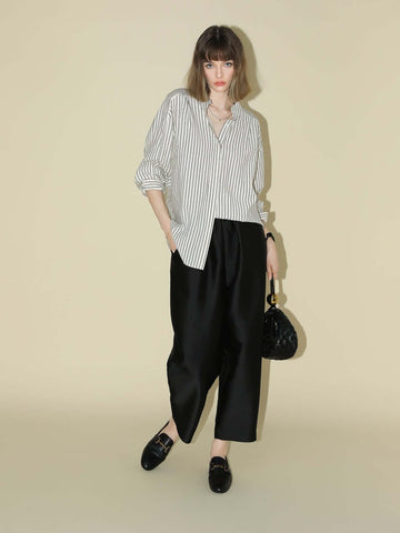 Pin Tuck Stripe Collared Long Sleeve Shirt