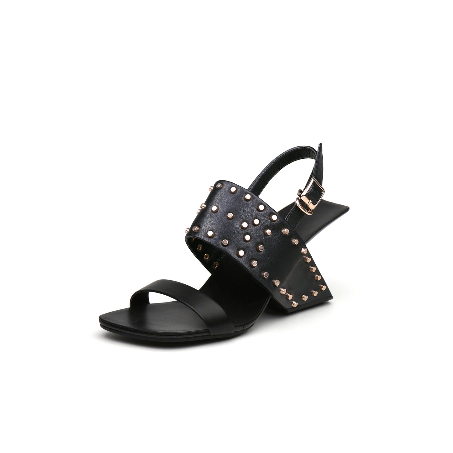 plain leather studded heelless sandals all black 2