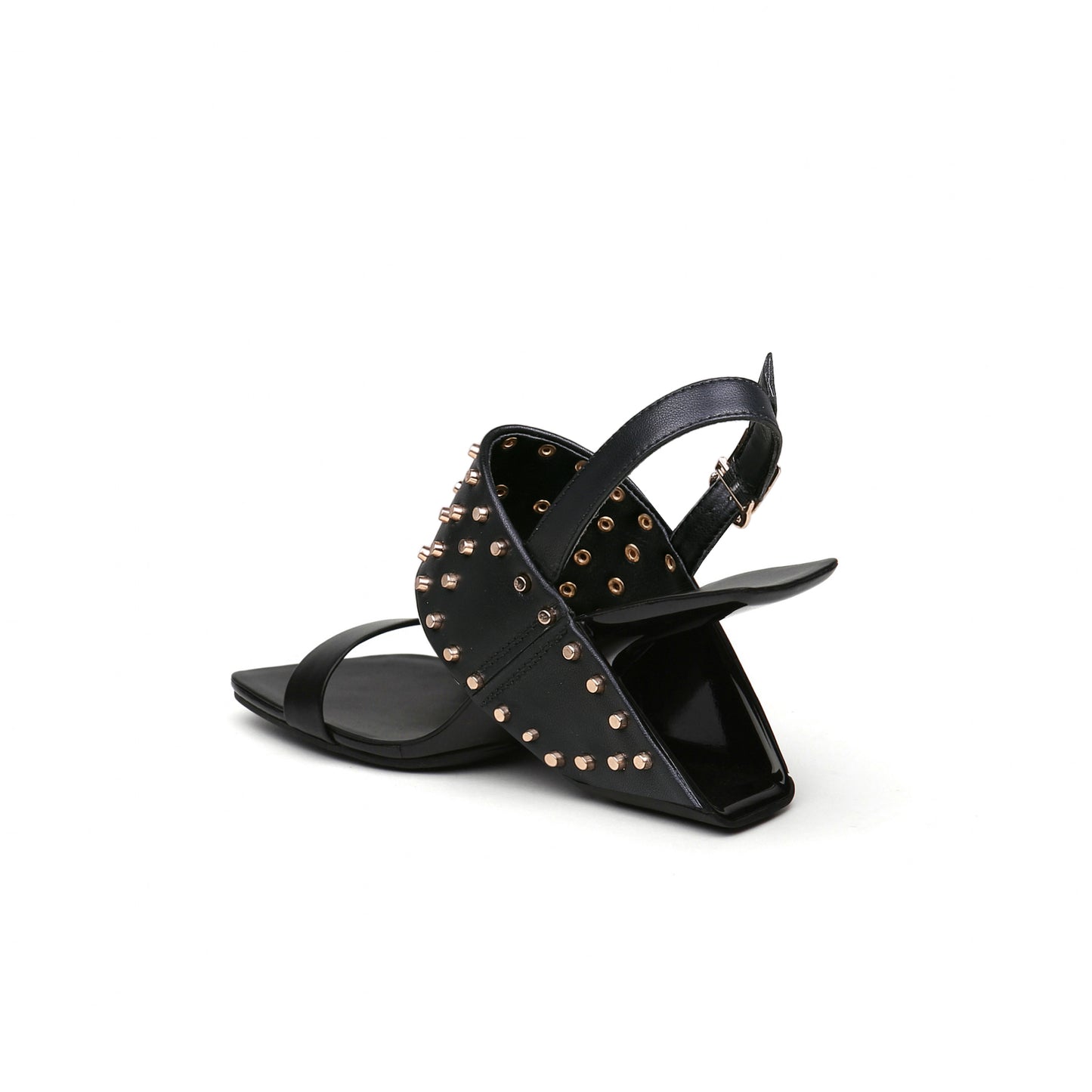plain leather studded heelless sandals all black 4