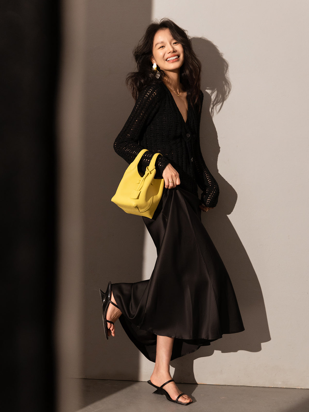 playful leather bucket bag yellow 5