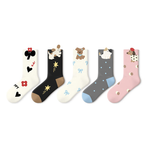 Playing Diary Cute 3D Cuff Mid-Calf Socks – Women's 5-Pair All-Season Kawaii Set