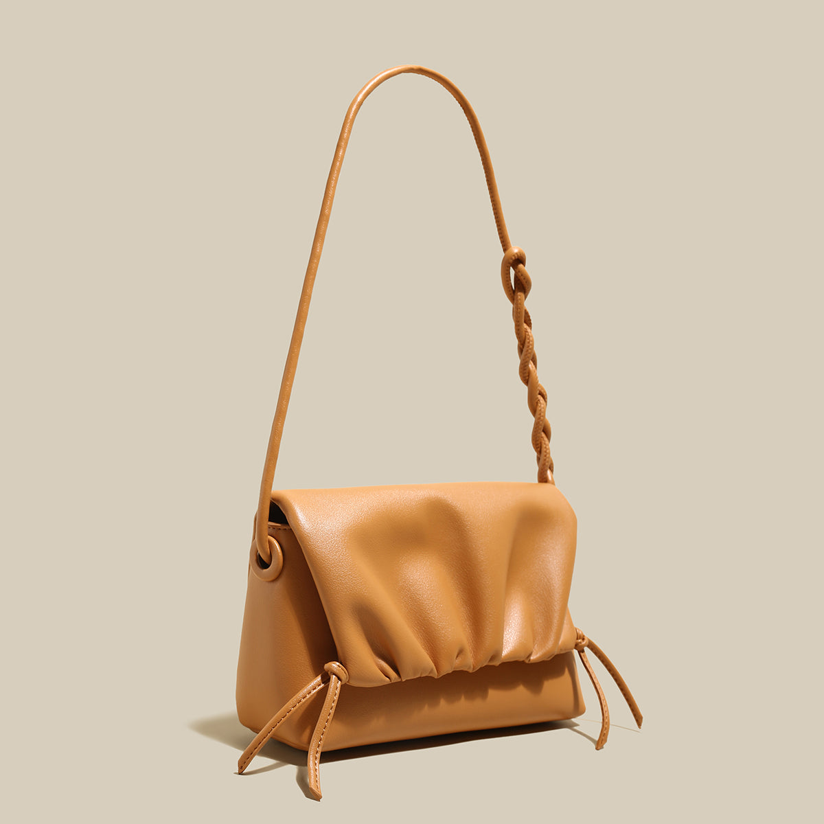 pleated semi braided leather shoulder bag camel 2