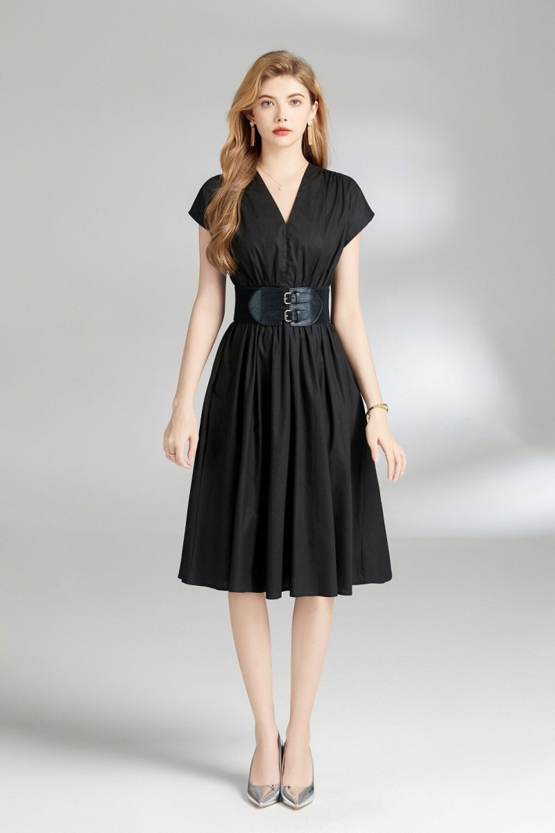 plunging neckline cinched waist dress all black 1