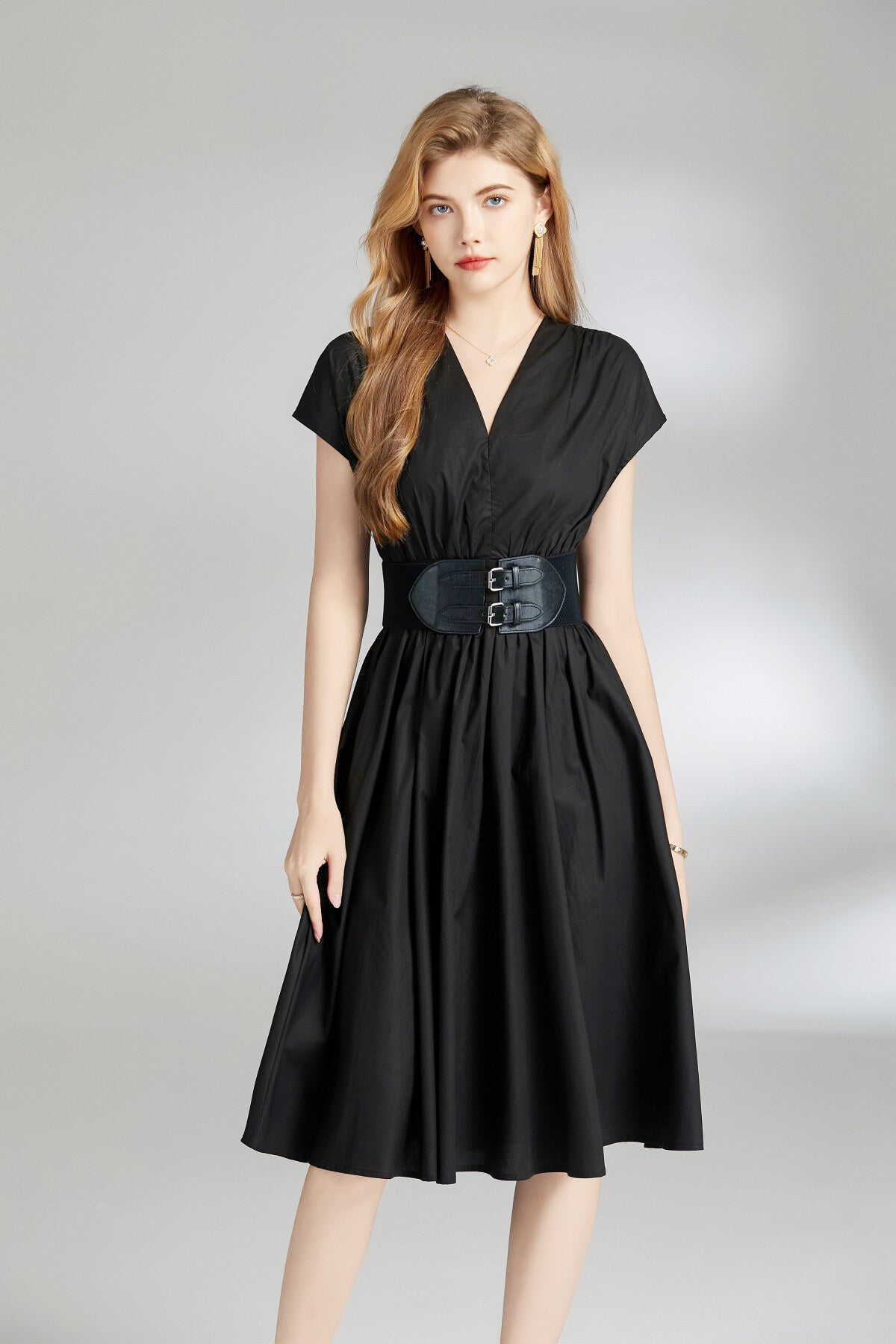 plunging neckline cinched waist dress all black 2