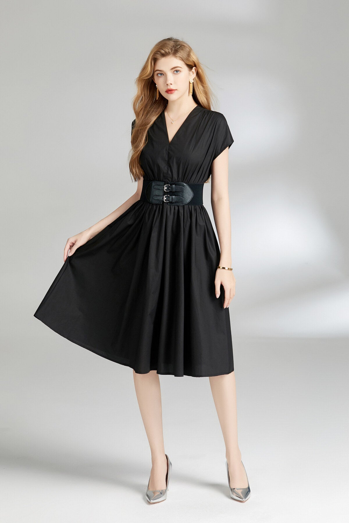 plunging neckline cinched waist dress all black 3
