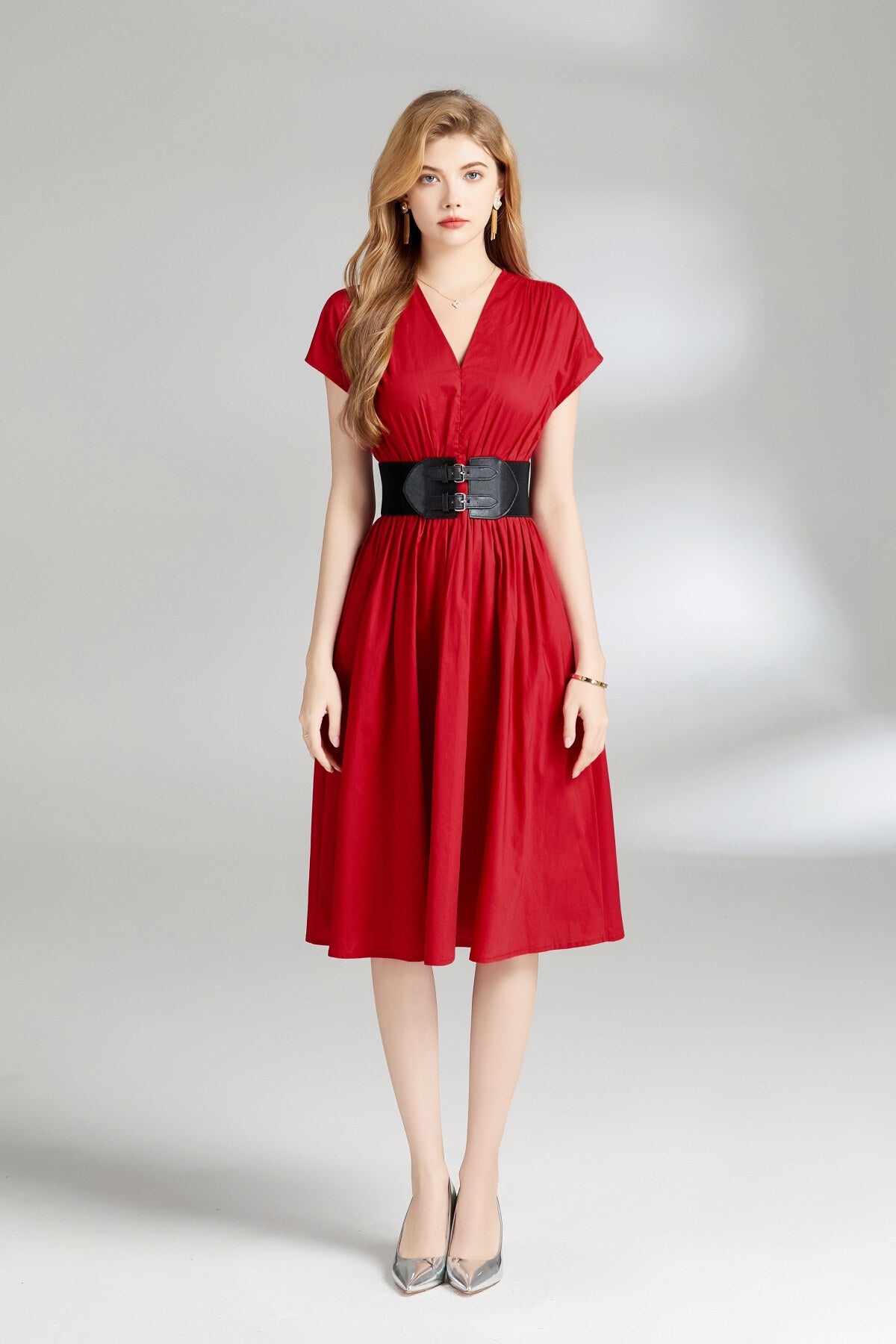 plunging neckline cinched waist dress all red 1