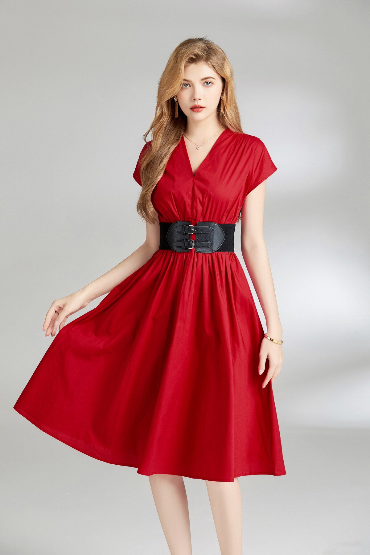 plunging neckline cinched waist dress all red 2