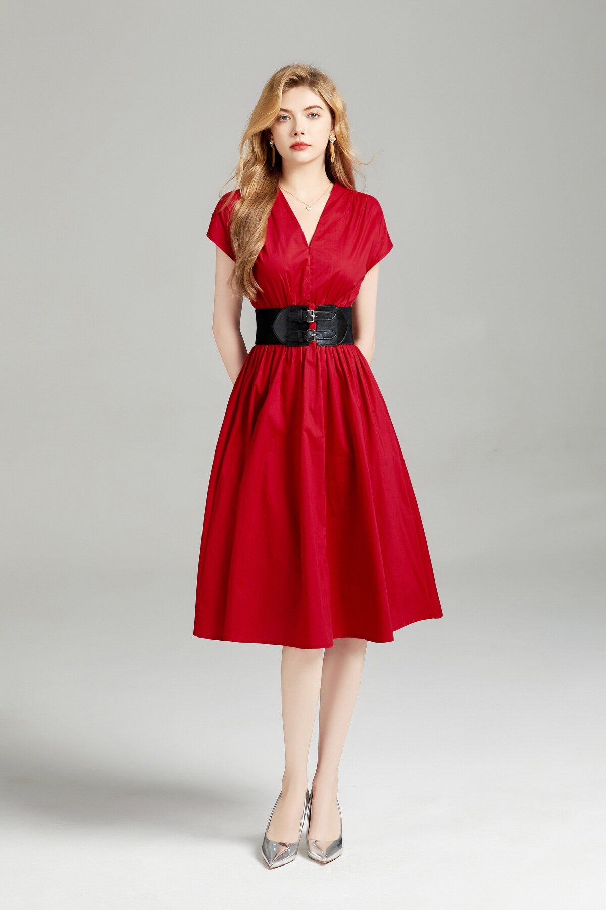 plunging neckline cinched waist dress all red 3