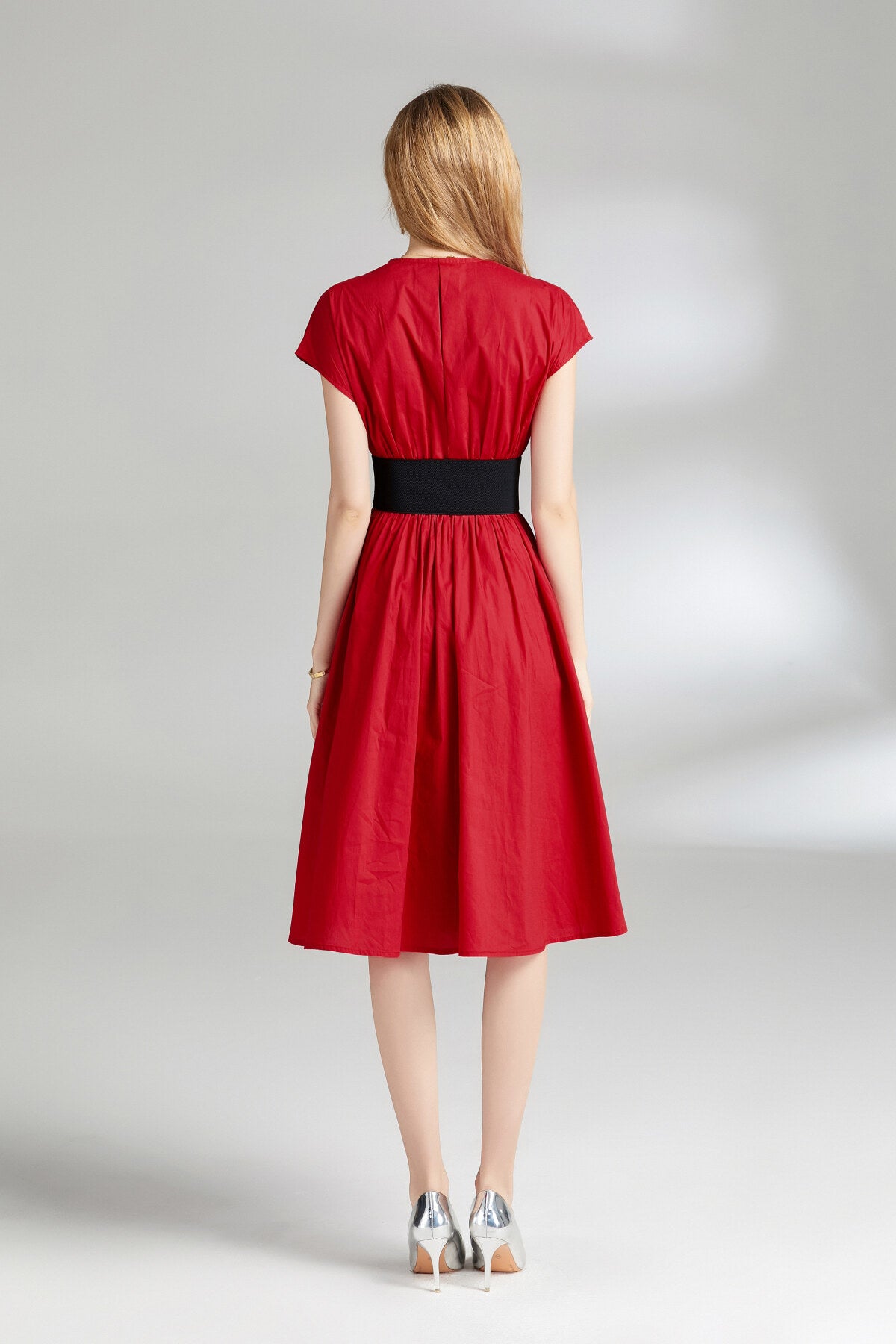 plunging neckline cinched waist dress all red 4