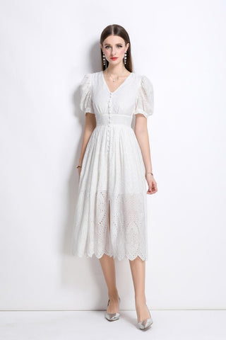 Plunging Neckline Lantern Sleeve Flowy White Maxi Dress