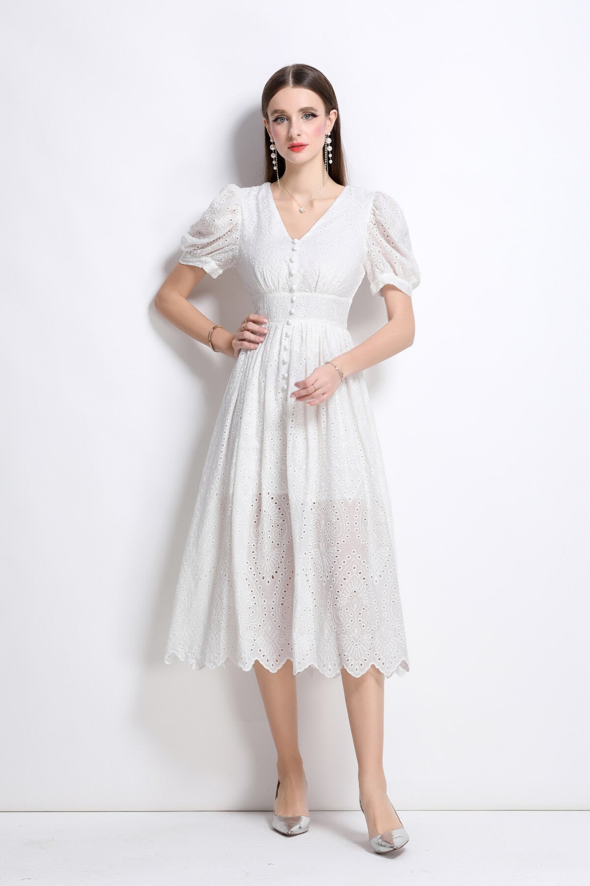 plunging neckline lantern sleeve flowy white maxi dress all white 3