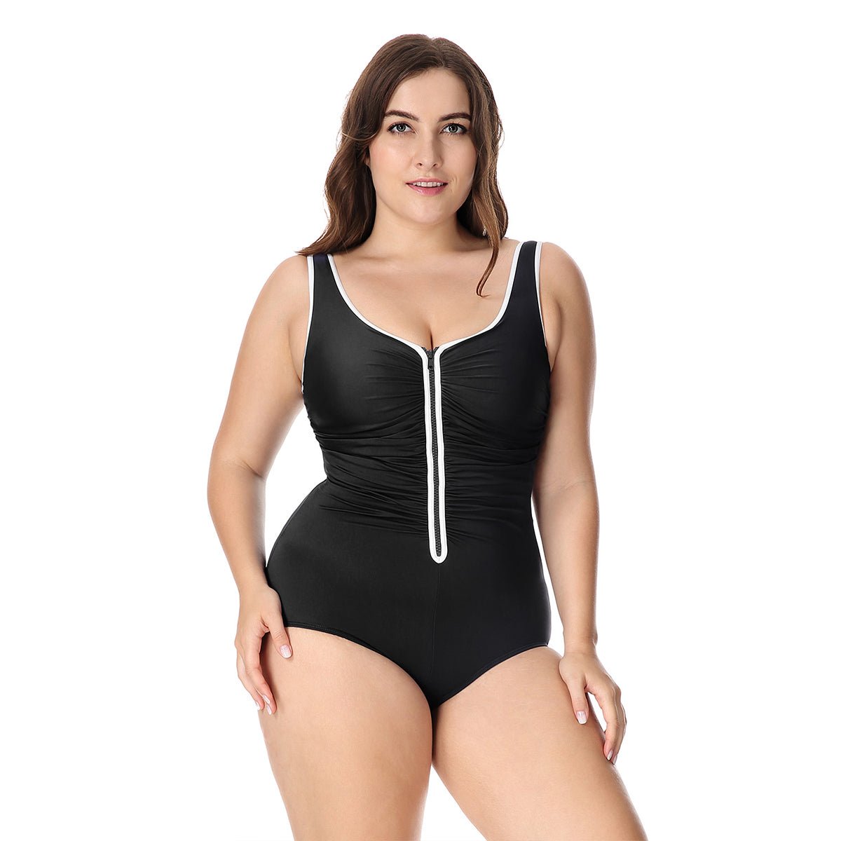 Plus Size Zip Front Tummy Control One - Piece Swimsuit
