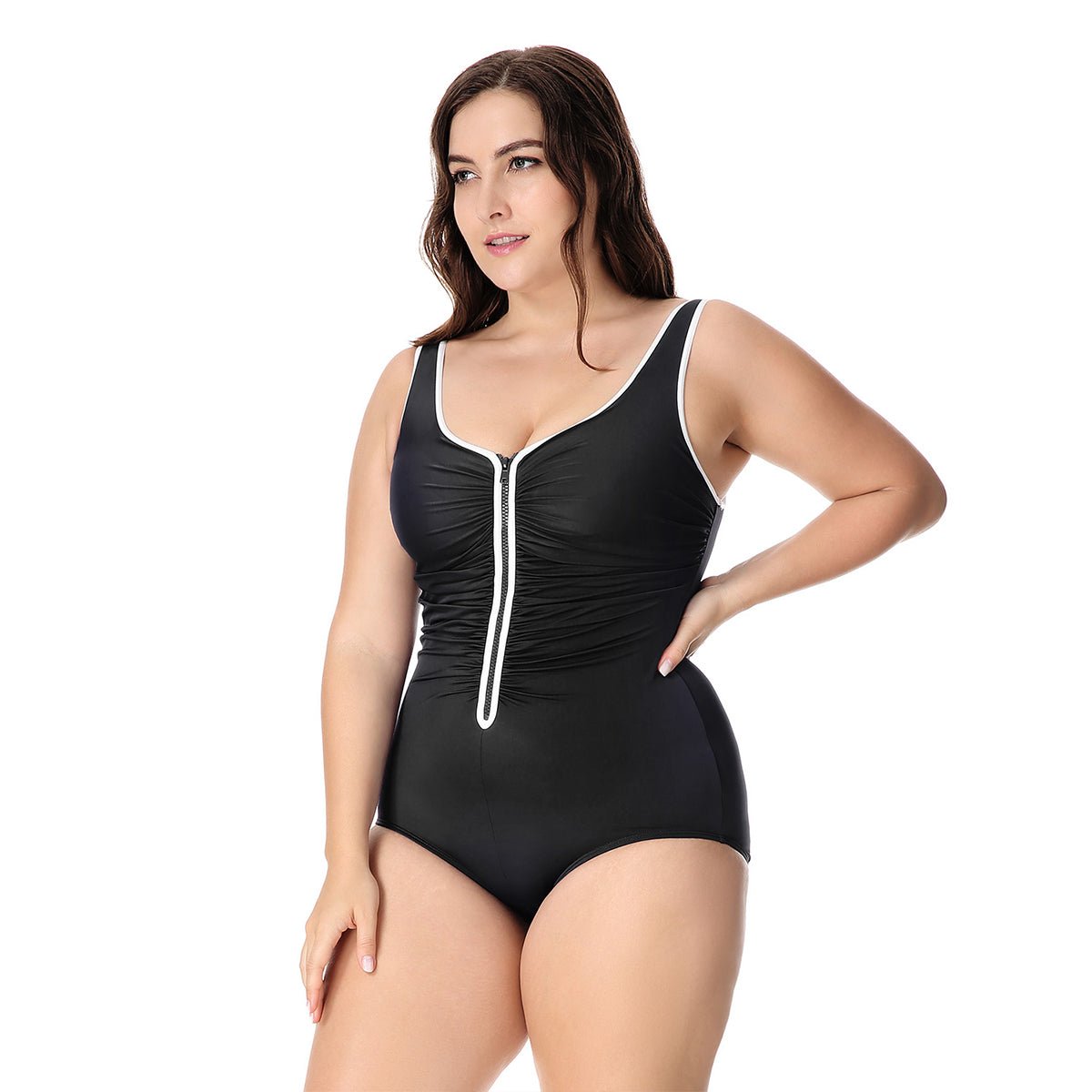Plus Size Zip Front Tummy Control One - Piece Swimsuit