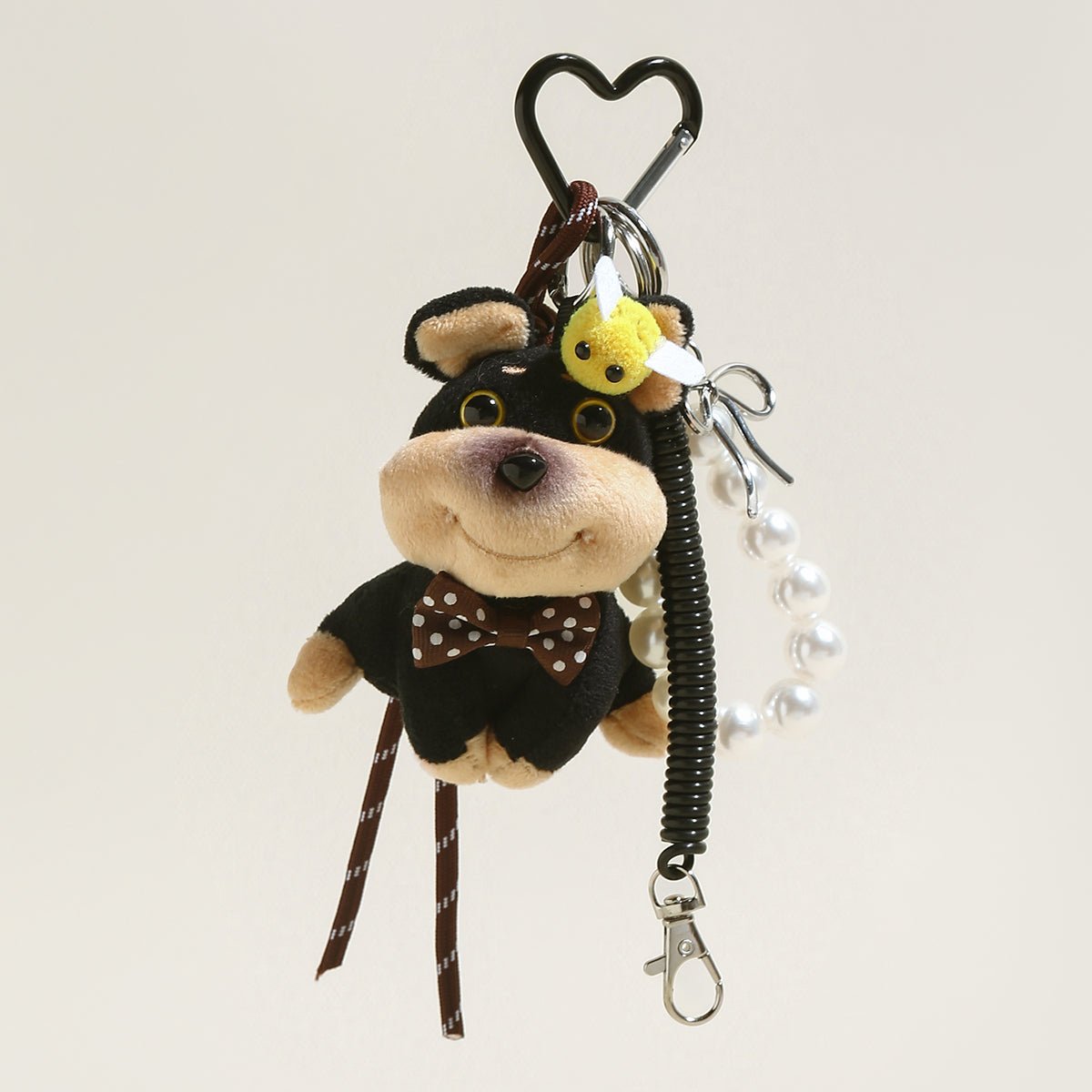 Plushy Dog Bag Charm – Dressed Puppy Plush Keychain with Carabiner Clip & Decorative Charms