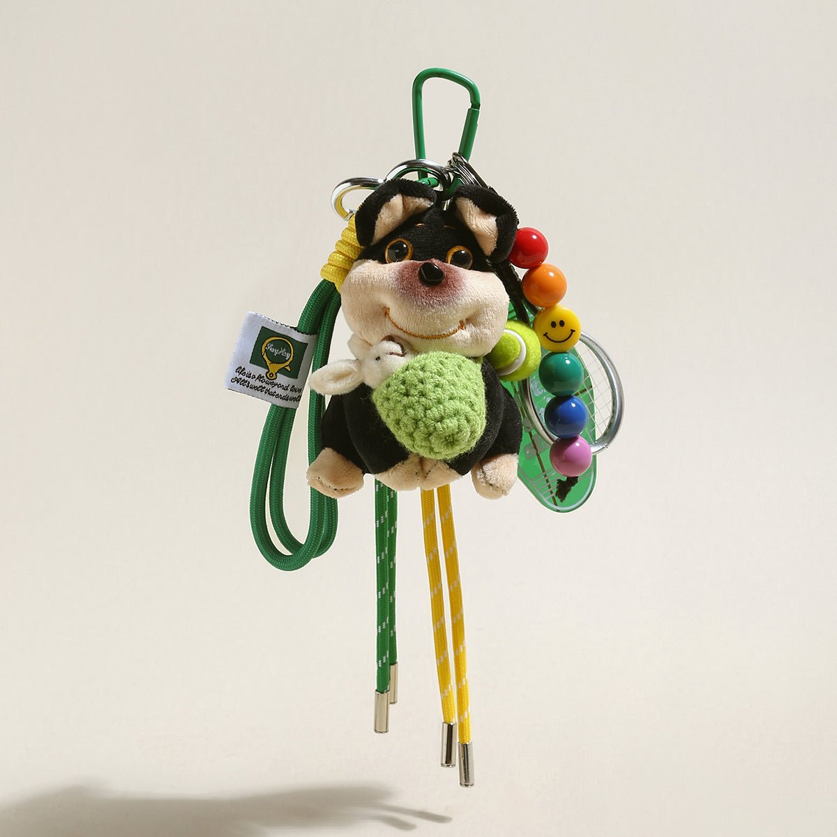 Plushy Dog Bag Charm – Dressed Puppy Plush Keychain with Carabiner Clip & Decorative Charms