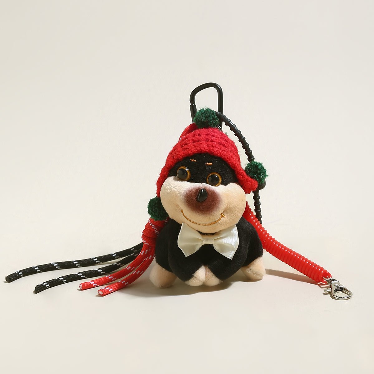 Plushy Dog Bag Charm – Dressed Puppy Plush Keychain with Carabiner Clip & Decorative Charms