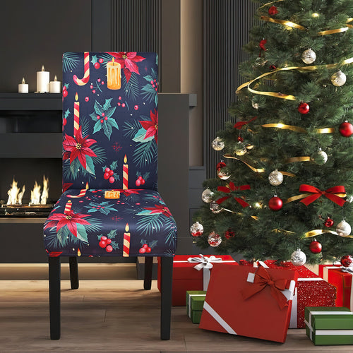 Midnight Poinsettia & Candle Christmas Chair Cover – Stretch Dining Slipcover