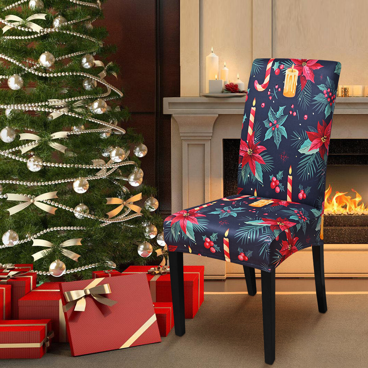 Midnight Poinsettia & Candle Christmas Chair Cover – Stretch Dining Slipcover