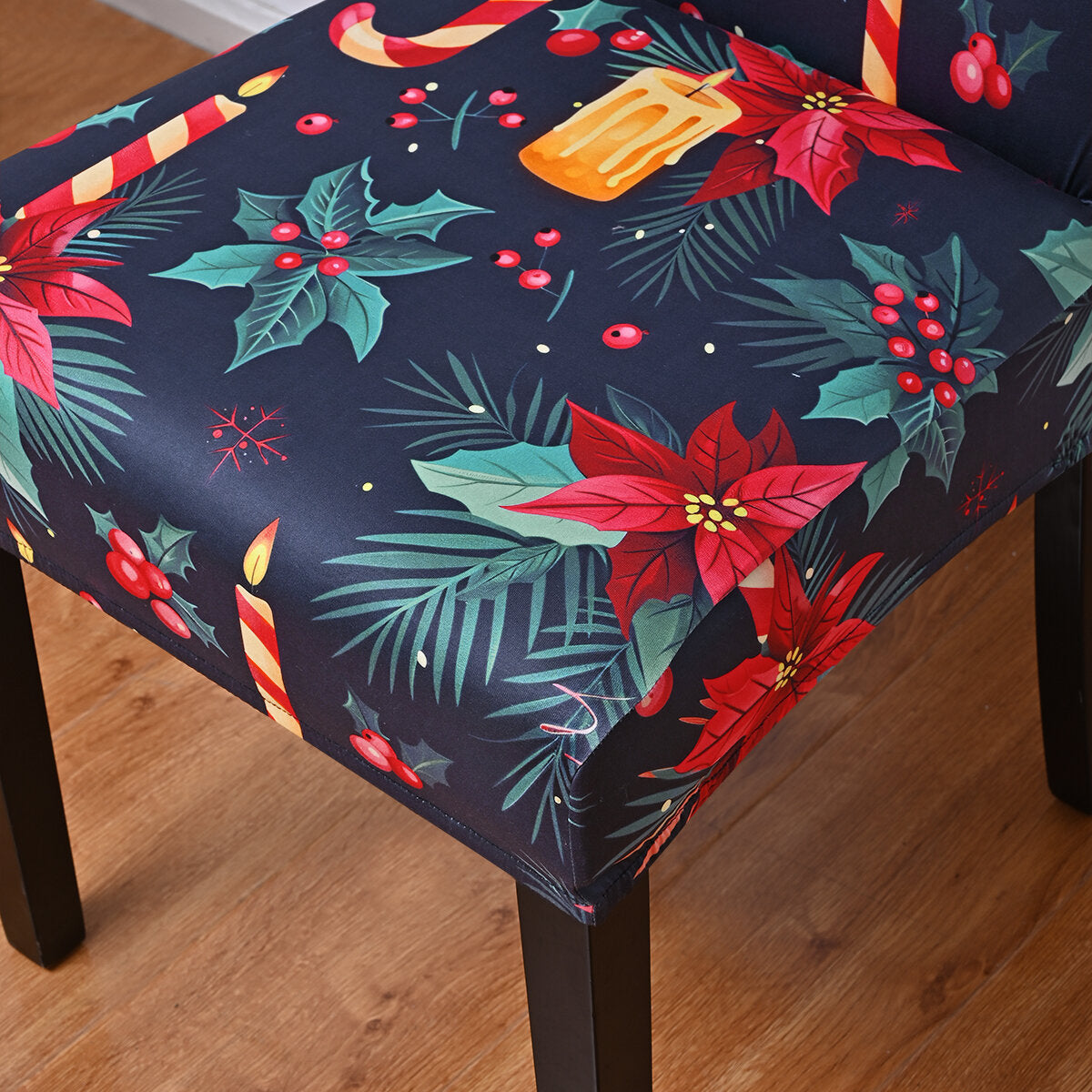 Midnight Poinsettia & Candle Christmas Chair Cover – Stretch Dining Slipcover