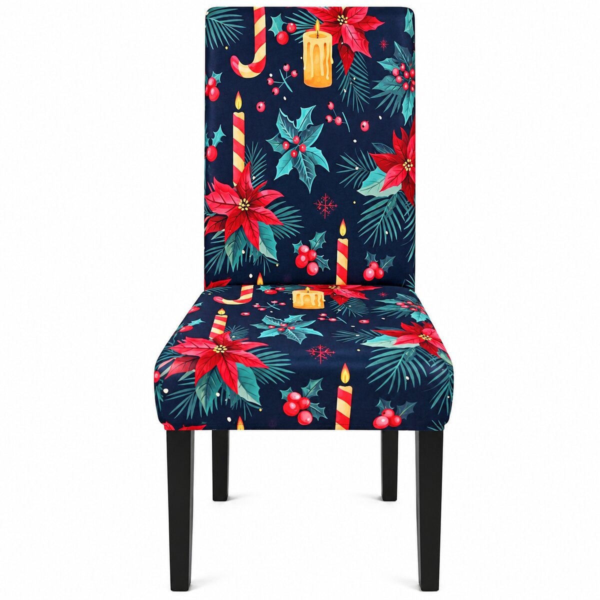 Midnight Poinsettia & Candle Christmas Chair Cover – Stretch Dining Slipcover