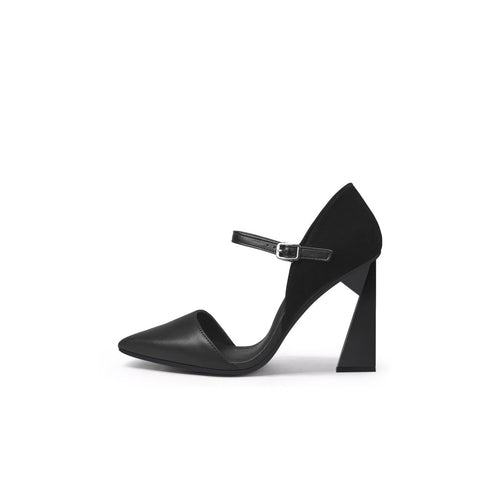 pointed toe ankle strap heel pumps all black 1