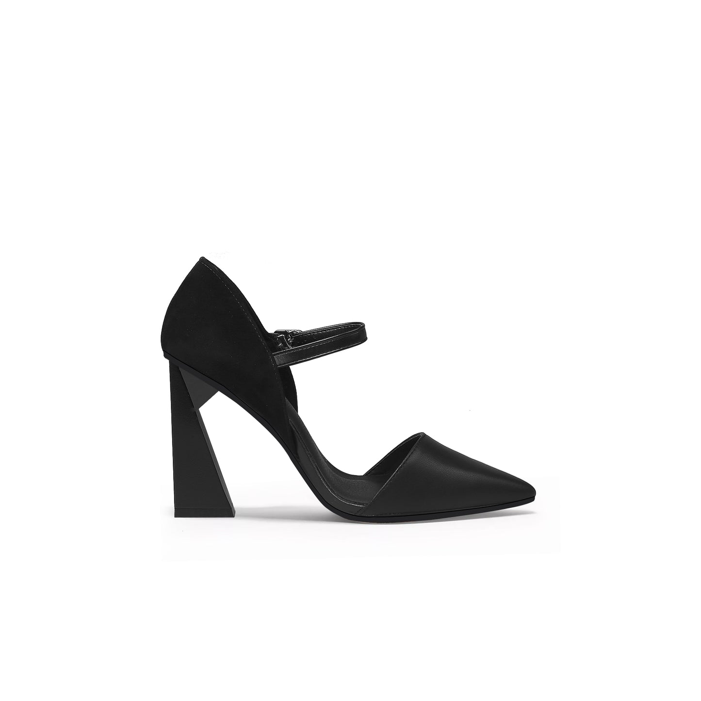 pointed toe ankle strap heel pumps all black 3