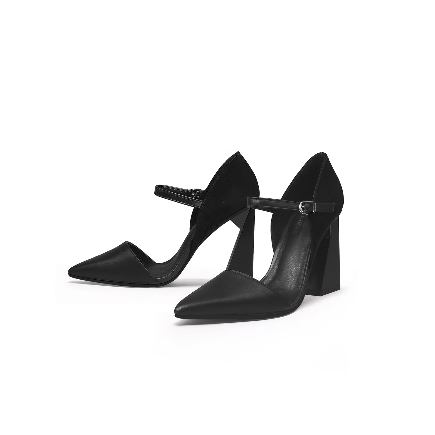 pointed toe ankle strap heel pumps all black 6