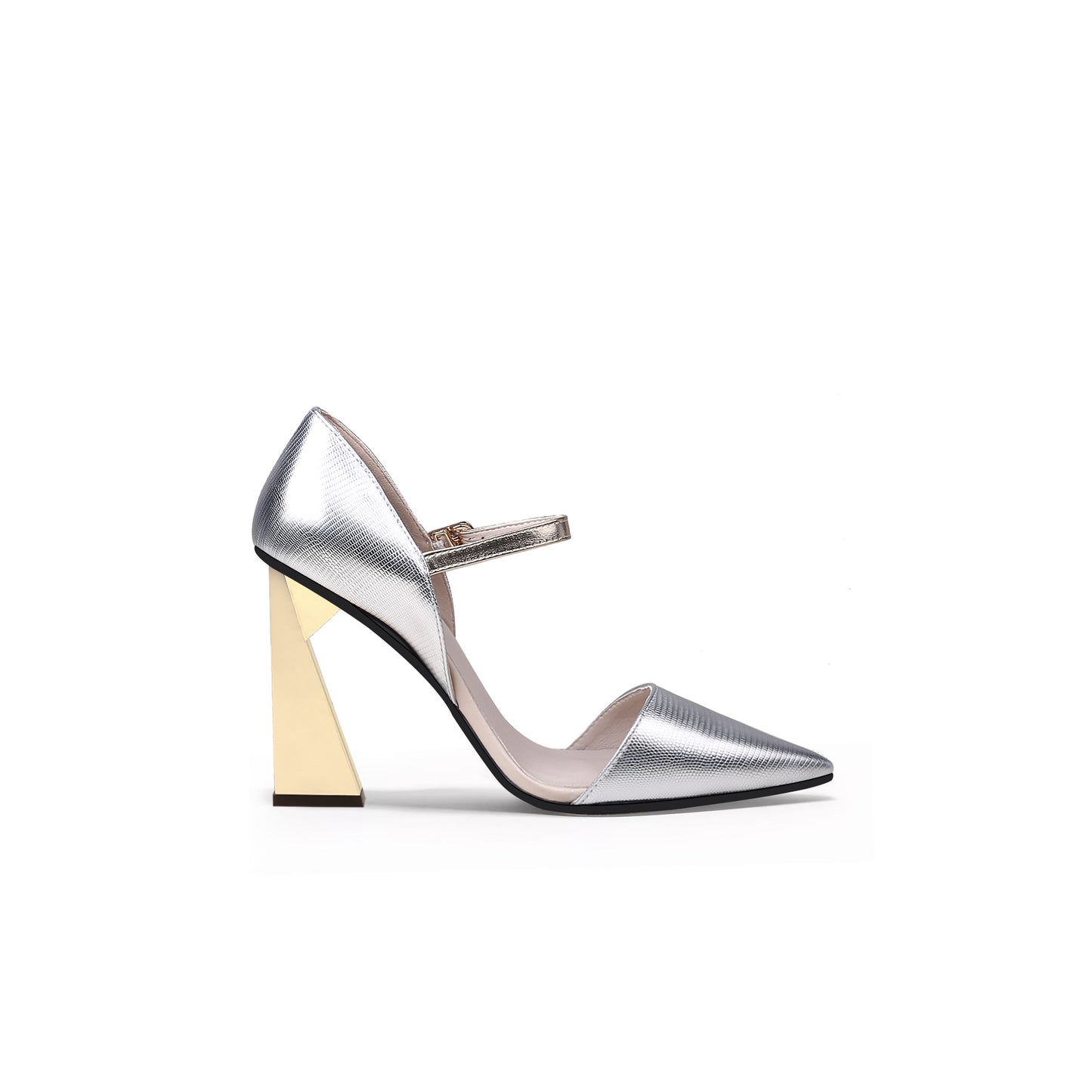 pointed toe ankle strap heel pumps all silver 3
