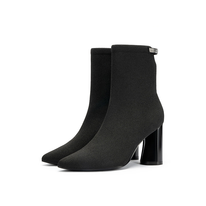 Pointed Toe Block Heel Knit Ankle Boots – Sculpted Sock Booties