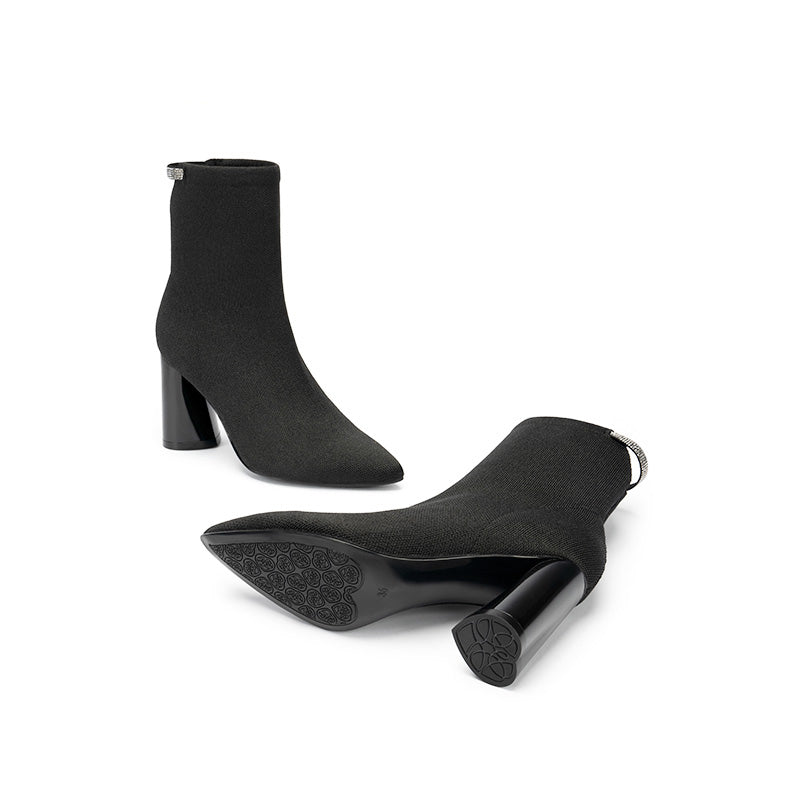 Pointed Toe Block Heel Knit Ankle Boots – Sculpted Sock Booties