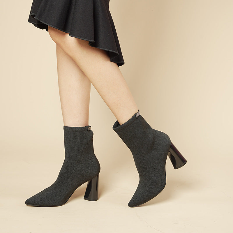 Pointed Toe Block Heel Knit Ankle Boots – Sculpted Sock Booties