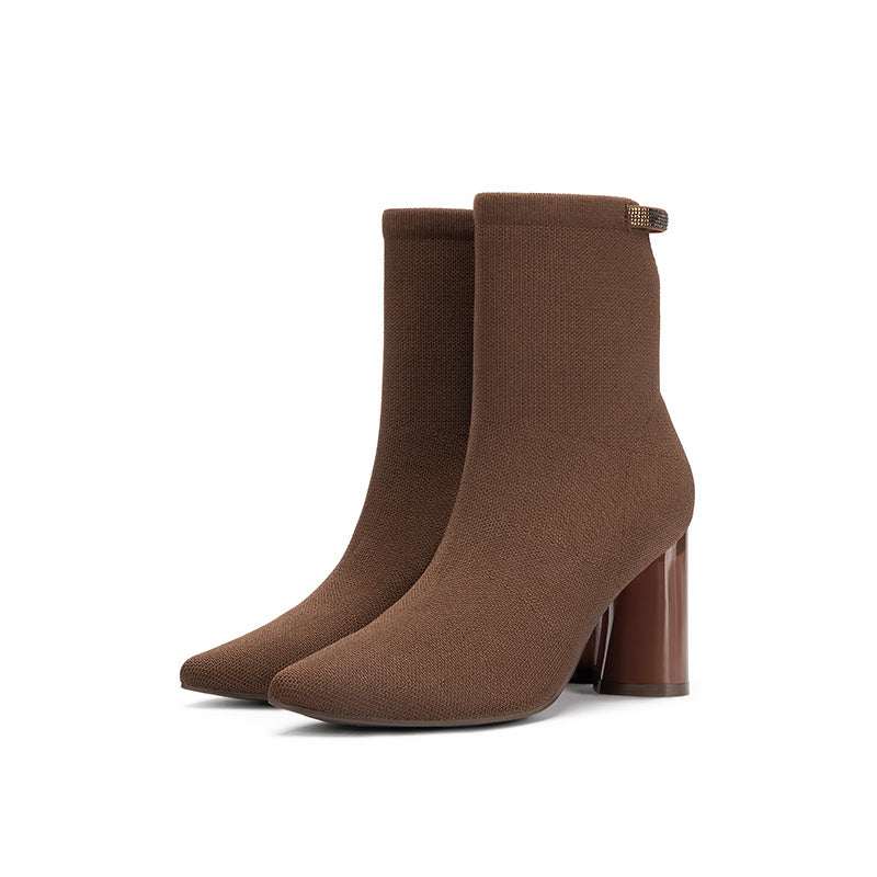 Pointed Toe Block Heel Knit Ankle Boots – Sculpted Sock Booties