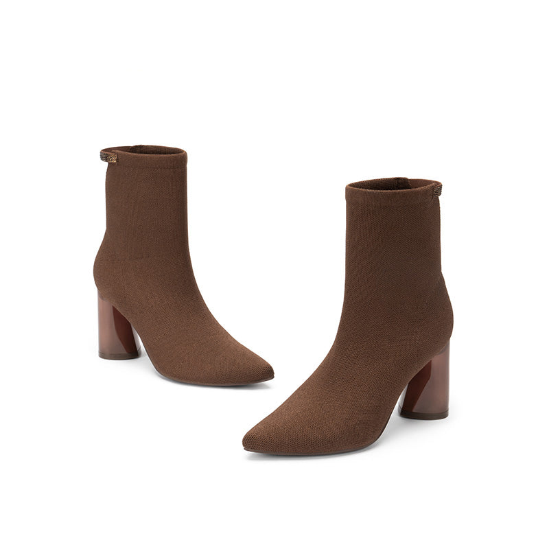 Pointed Toe Block Heel Knit Ankle Boots – Sculpted Sock Booties