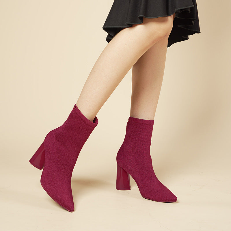 Pointed Toe Block Heel Knit Ankle Boots – Sculpted Sock Booties