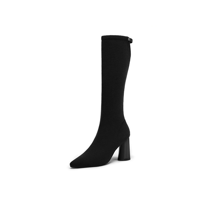 Pointed Toe Block Heel Stretch Knee High Boots – Wool Knit Tall Boots