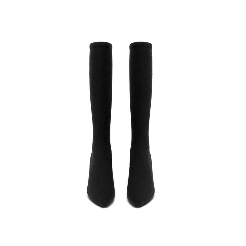 Pointed Toe Block Heel Stretch Knee High Boots – Wool Knit Tall Boots
