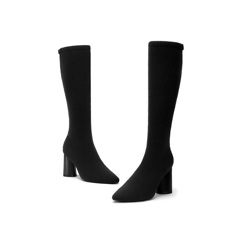 Pointed Toe Block Heel Stretch Knee High Boots – Wool Knit Tall Boots