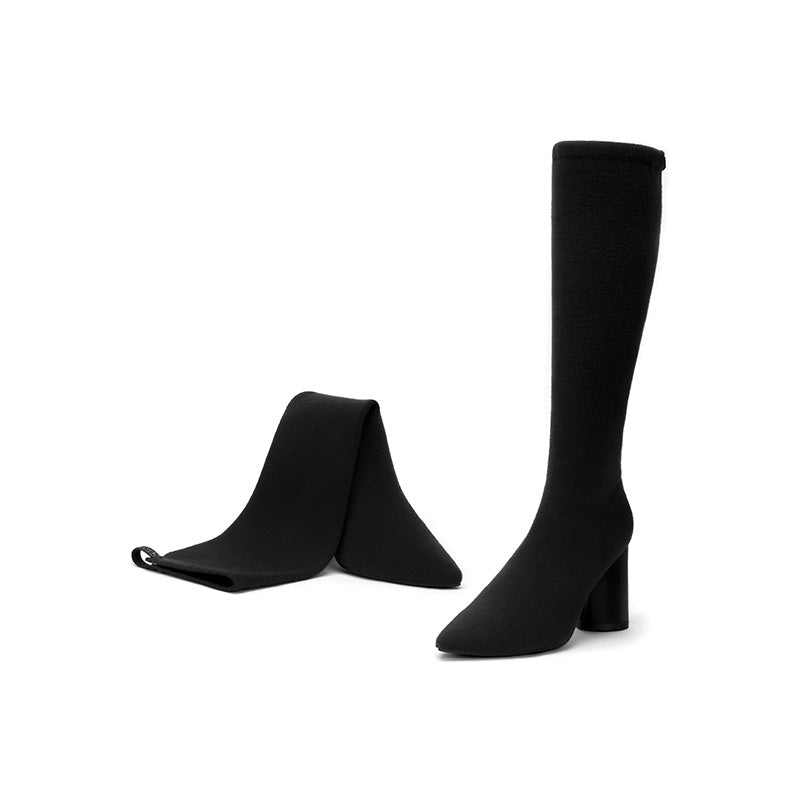 Pointed Toe Block Heel Stretch Knee High Boots – Wool Knit Tall Boots