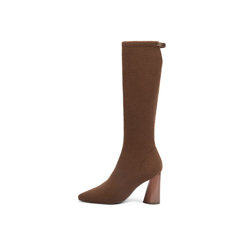 Pointed Toe Block Heel Stretch Knee High Boots – Wool Knit Tall Boots