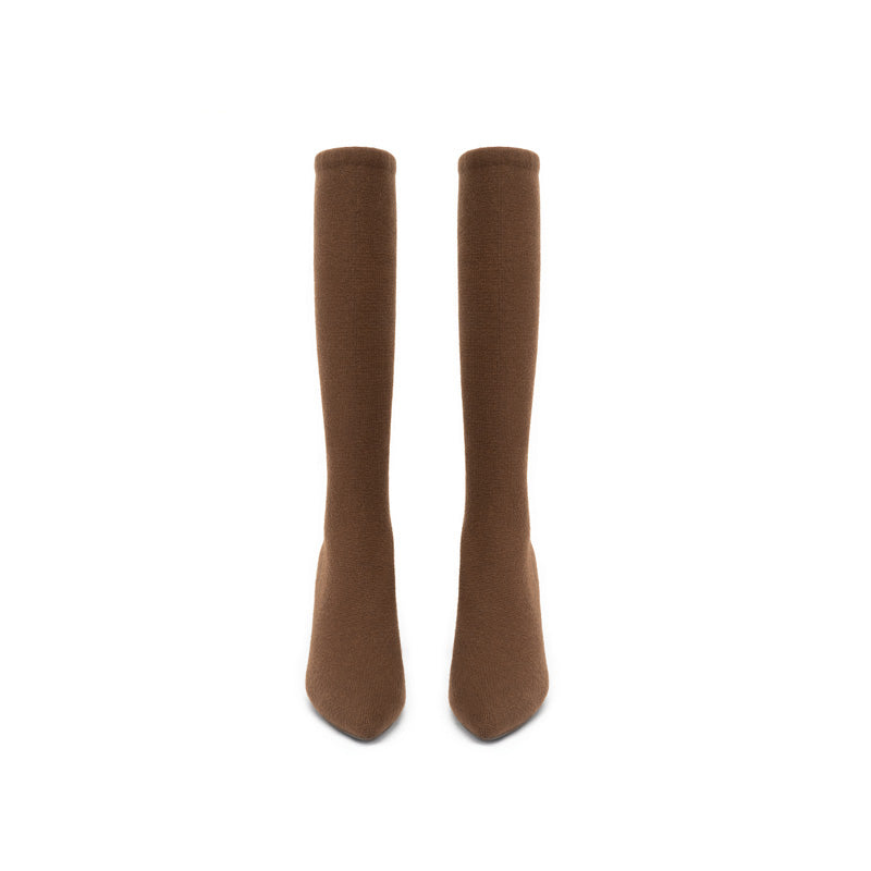 Pointed Toe Block Heel Stretch Knee High Boots – Wool Knit Tall Boots