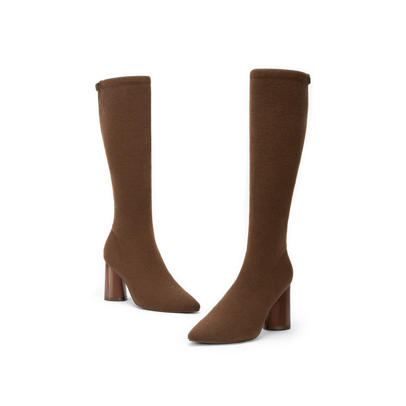 Pointed Toe Block Heel Stretch Knee High Boots – Wool Knit Tall Boots