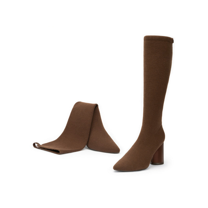 Pointed Toe Block Heel Stretch Knee High Boots – Wool Knit Tall Boots