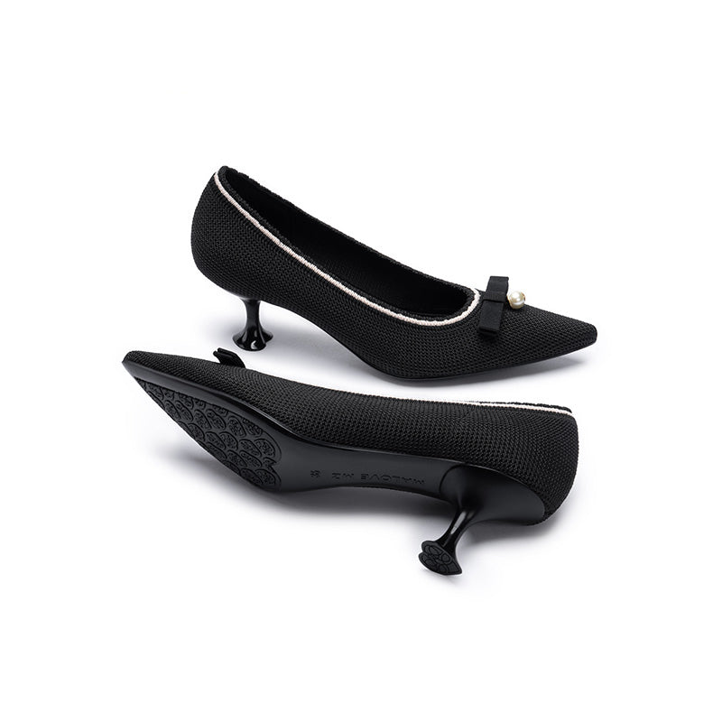 pointed toe pearl fabric kitten heels all black 5