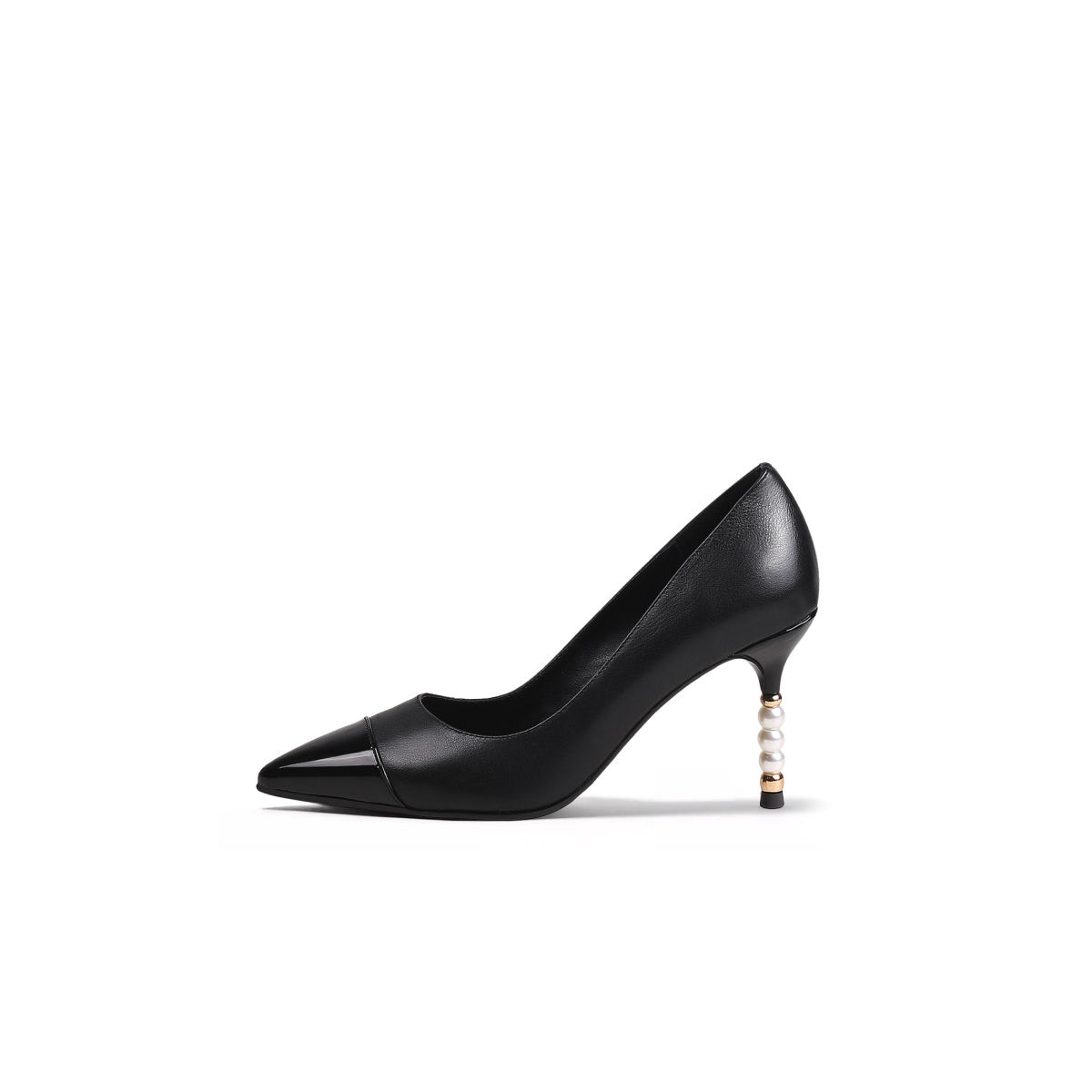 pointed toe pearl heel stilettos all black 1