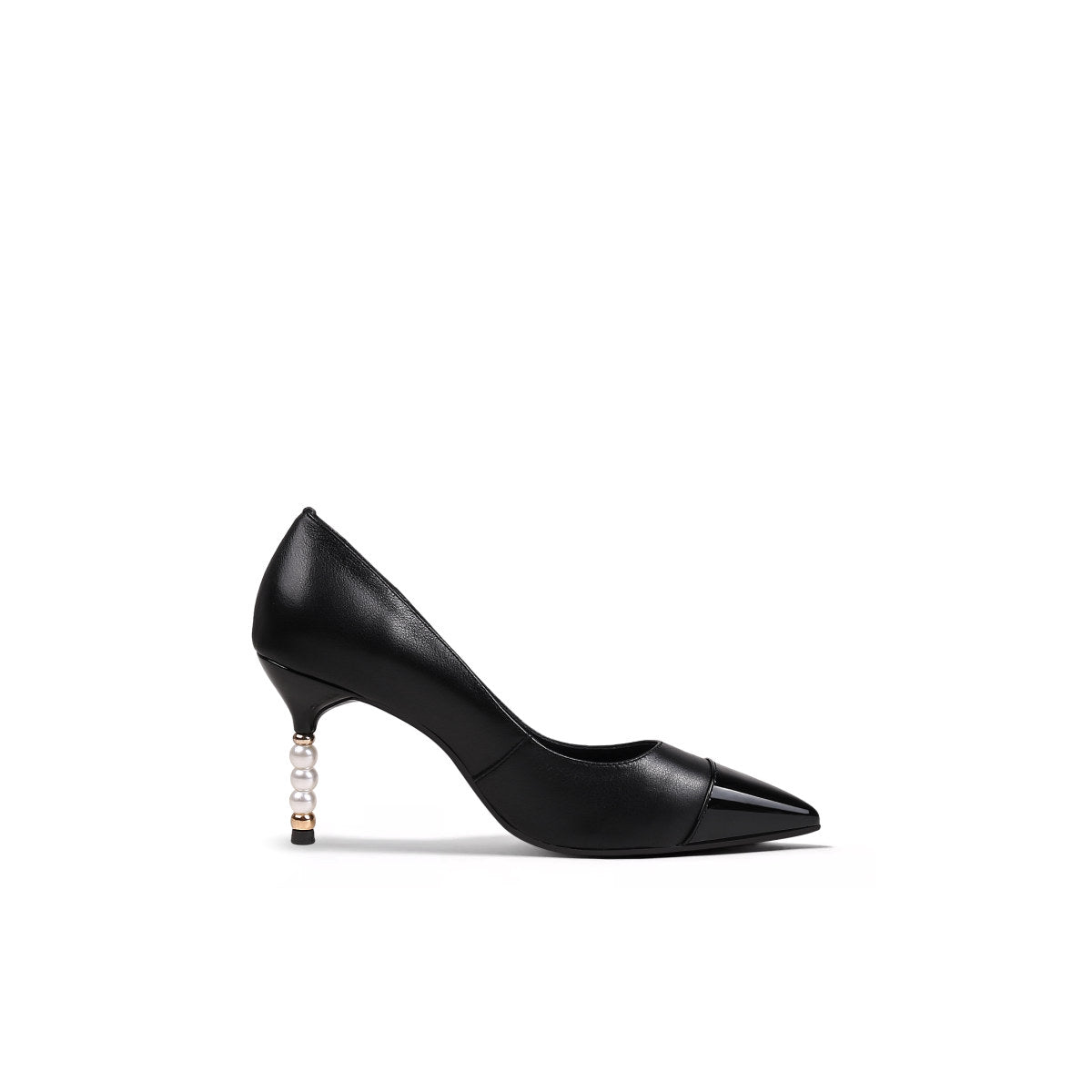 pointed toe pearl heel stilettos all black 3
