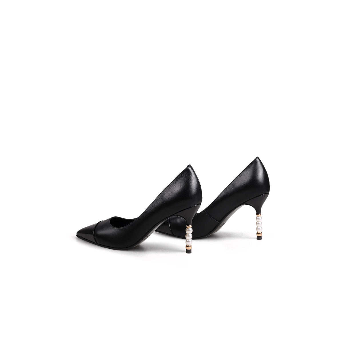 pointed toe pearl heel stilettos all black 6